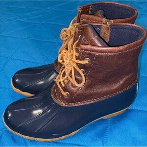 Sperry Saltwater Duck Boots Women's Size 9M Brown Leather Navy Rubber Rain